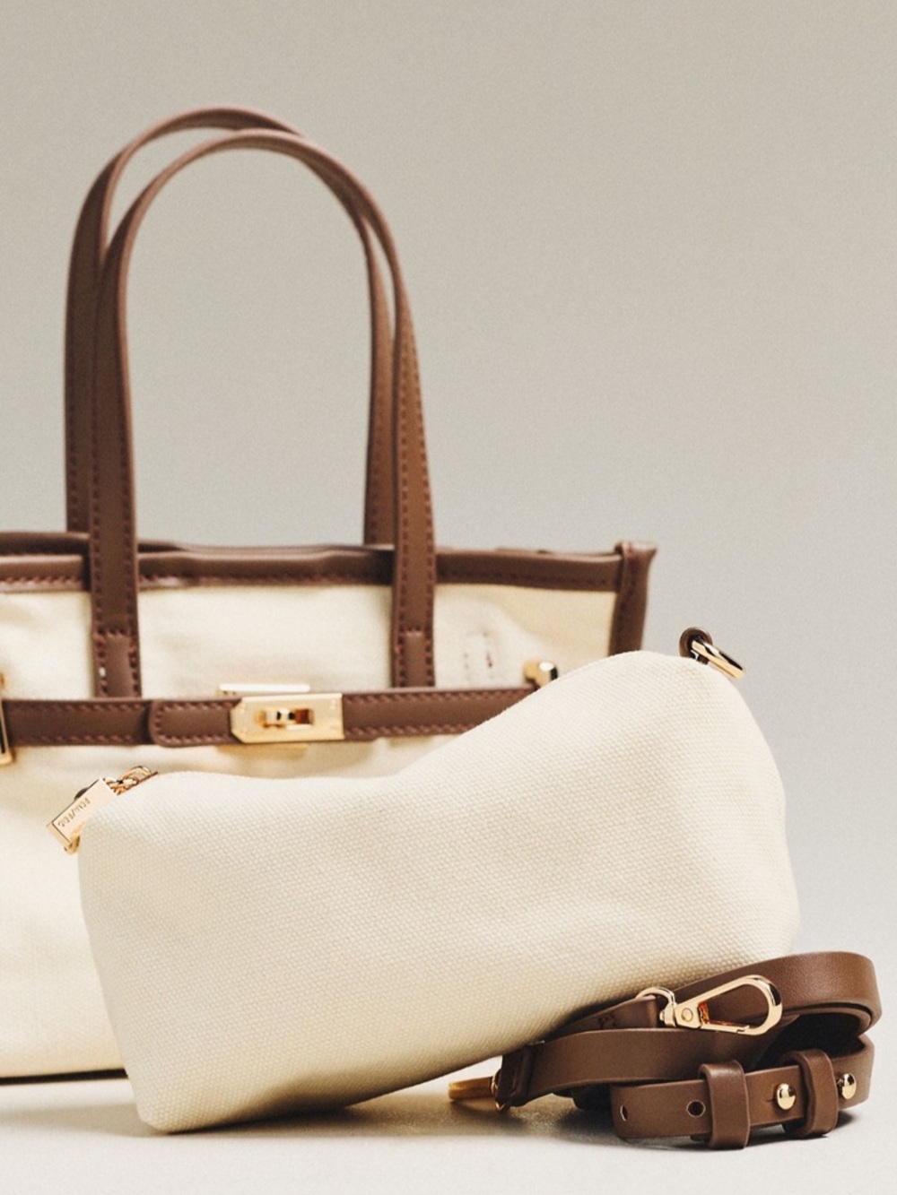 Anthropologie Faux Leather Chocolate Belted Canvas Mini Birkin Style Tote Bag - Picture 3 of 5